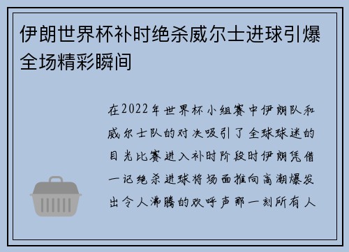 伊朗世界杯补时绝杀威尔士进球引爆全场精彩瞬间